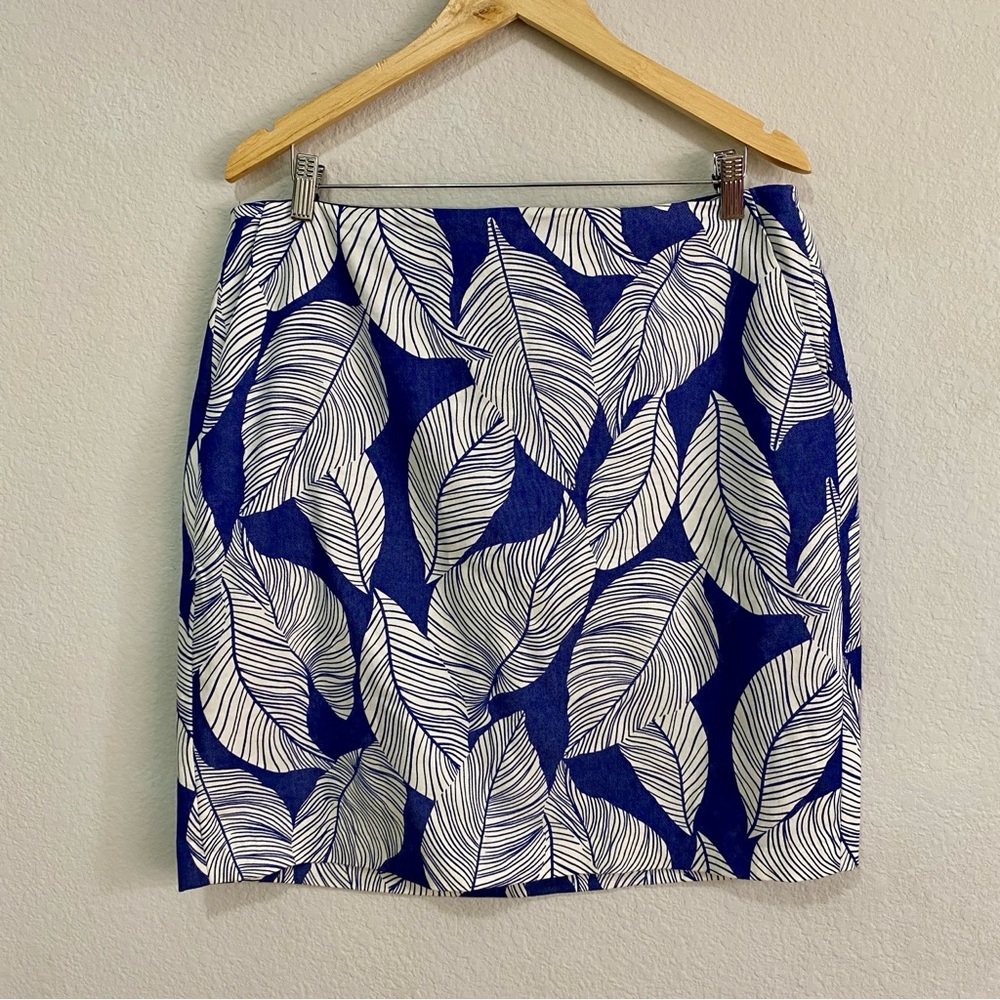 Hobbs London Navy Blue White Leaf Print Pencil Skirt Cotton Blend Career Size 12
